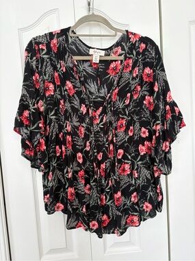 Style & Co. Black Blouse with Red Floral Print and Green Leaves